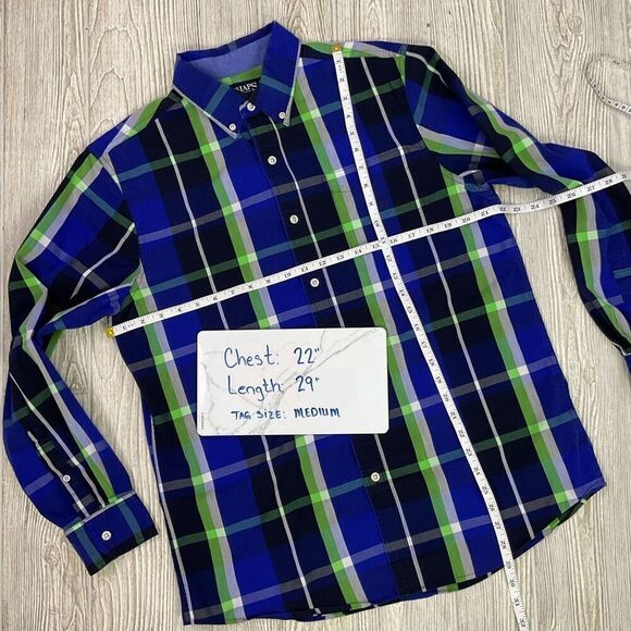Chaps Stretch Easy Care Button Front Shirt Blue Green Plaid Size Medium - Picture 7 of 7